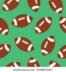 Patrón sin fisuras del fútbol americano. Fondo de fútbol Gridiron. Bola de piel de cerdo sobre fondo verde.	
