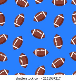 American football seamless pattern on blue background. Vector illustration in flat style. American football balls background. 