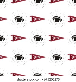 American Football Seamless Pattern With Sports Symbols - Ball, Pennant, Star Lights And Typography Elements. Stock Vector Background, Wallpaper.