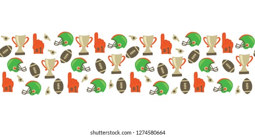 American Football seamless vector border. Helmet, trophy, foam finger, football. Super Bowl vintage style background. For tailgate party, invitation, flyer, fabric, kids