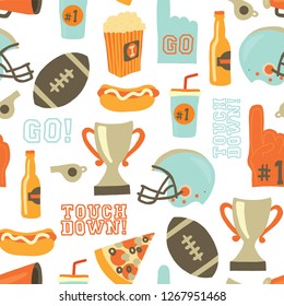 American Football Seamless Vector Pattern. Helmet, Trophy, Beer, Foam Finger, Fast Food, Go And Touch Down Lettering. Vintage Style Background. For Tailgate Party, Super Bowl Invitation, Flyer, Decor.