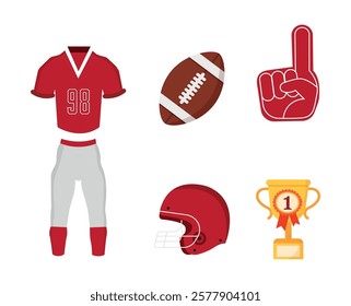 American football set. Football helmet, foam finger, trophy, clothes. Sports equipment. Vector graphics