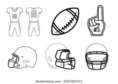 American football set icon, outline design . available jersey, rugby ball, helmet and number one fan gloves, editable vector eps 10.