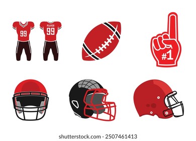 American football set icon, red design. available jersey, rugby ball, helmet and number one fan gloves, editable vector eps 10.