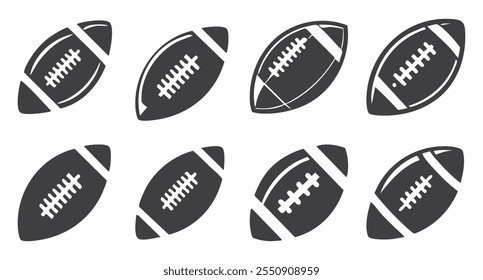 American Football Set Icons, Black Silhouette Vector Illustration of a Football, Ball Set on white background.