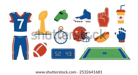 American football set with jersey, pants, prize, ball, whistle, stopwatch, scoreboard, boots, helmet, foam fingers, field, hot dog, drink and gloves. Sport game. Vector flat illustration