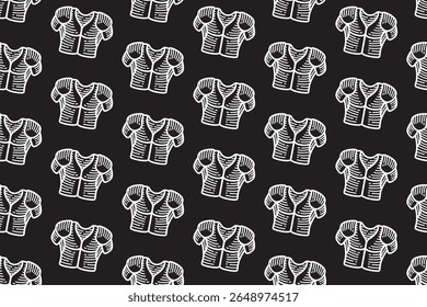 american football shoulder pad pattern. standard shoulder pads vintage repeat seamless pattern wallpaper. black background with rugby body guard outline illustration for sport themed merchandise.