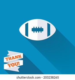 American football sign icon. Team sport game symbol. White flat icon with long shadow. Paper ribbon label with Thank you text. Vector