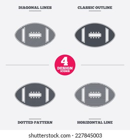 American football sign icon. Team sport game symbol. Diagonal and horizontal lines, classic outline, dotted texture. Pattern design icons.  Vector