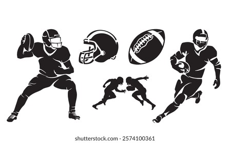 American Football Silhouettes, Players, Helmet, and Ball in Action, a Dynamic Collection of Sporty Graphics for Design and Illustration Projects