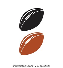 American Football silhouettes with white background, Rugby Ball icon represents the oval-shaped ball used in the sport of rugby for passing, kicking, and scoring