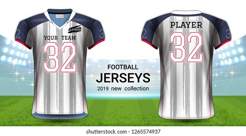 American Football or Soccer Jerseys Uniforms, T-Shirt Sport Mockup Template Front and Back View for Presentation, Fully Customize and Everything is Edible, Resizable and Color Change. (Eps10 Vector) 