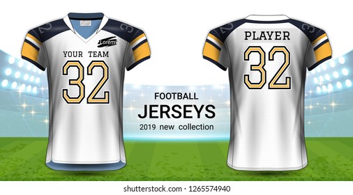 American Football or Soccer Jerseys Uniforms, T-Shirt Sport Mockup Template Front and Back View for Presentation, Fully Customize and Everything is Edible, Resizable and Color Change. (Eps10 Vector) 