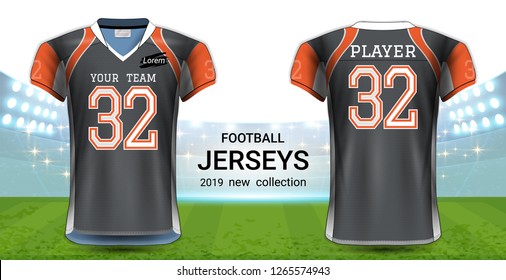 American Football or Soccer Jerseys Uniforms, T-Shirt Sport Mockup Template Front and Back View for Presentation, Fully Customize and Everything is Edible, Resizable and Color Change. (Eps10 Vector) 