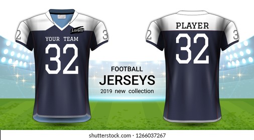 American Football or Soccer Jerseys Uniforms, T-Shirt Sport Mockup Template Front and Back View for Presentation, Fully Customize and Everything is Edible, Resizable and Color Change. (Eps10 Vector) 