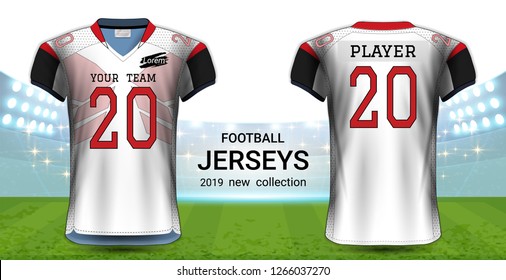 American Football or Soccer Jerseys Uniforms, T-Shirt Sport Mockup Template Front and Back View for Presentation, Fully Customize and Everything is Edible, Resizable and Color Change. (Eps10 Vector) 