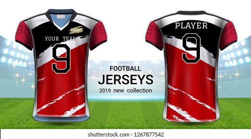 American Football or Soccer Jerseys Uniforms, T-Shirt Sport Mockup Template Front and Back View for Presentation, Fully Customize and Everything is Edible, Resizable and Color Change. (Eps10 Vector) 