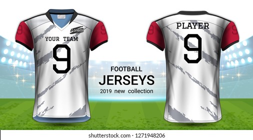 American Football or Soccer Jerseys Uniforms, T-Shirt Sport Mockup Template Front and Back View for Presentation, Fully Customize and Everything is Edible, Resizable and Color Change. (Eps10 Vector) 