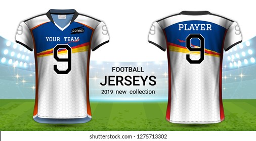 American Football or Soccer Jerseys Uniforms, T-Shirt Sport Mockup Template Front and Back View for Presentation, Fully Customize and Everything is Edible, Resizable and Color Change. (Eps10 Vector) 