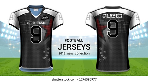 American Football or Soccer Jerseys Uniforms, T-Shirt Sport Mockup Template Front and Back View for Presentation, Fully Customize and Everything is Edible, Resizable and Color Change. (Eps10 Vector) 