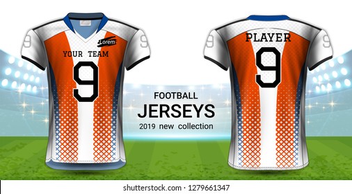 American Football or Soccer Jerseys Uniforms, T-Shirt Sport Mockup Template Front and Back View for Presentation, Fully Customize and Everything is Edible, Resizable and Color Change. (Eps10 Vector) 
