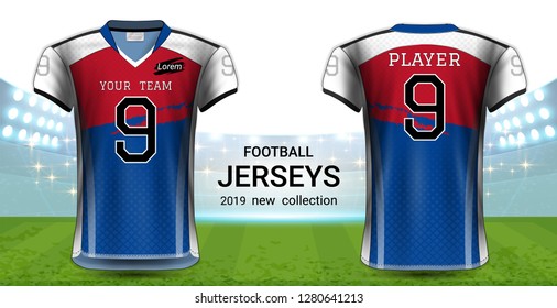 American Football or Soccer Jerseys Uniforms, T-Shirt Sport Mockup Template Front and Back View for Presentation, Fully Customize and Everything is Edible, Resizable and Color Change. (Eps10 Vector) 