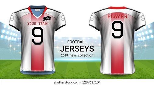 American Football or Soccer Jerseys Uniforms, T-Shirt Sport Mockup Template Front and Back View for Presentation, Fully Customize and Everything is Edible, Resizable and Color Change. (Eps10 Vector) 