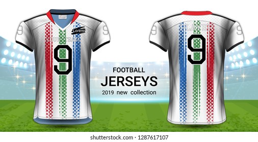 American Football or Soccer Jerseys Uniforms, T-Shirt Sport Mockup Template Front and Back View for Presentation, Fully Customize and Everything is Edible, Resizable and Color Change. (Eps10 Vector) 