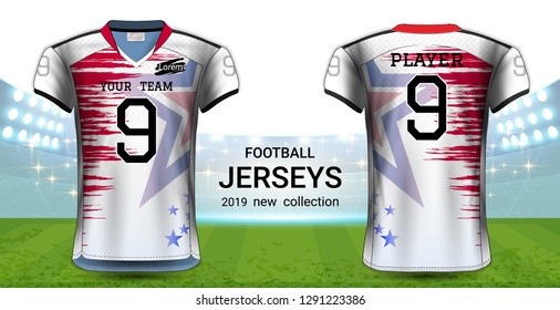 American Football or Soccer Jerseys Uniforms, T-Shirt Sport Mockup Template Front and Back View for Presentation, Fully Customize and Everything is Edible, Resizable and Color Change. (Eps10 Vector) 