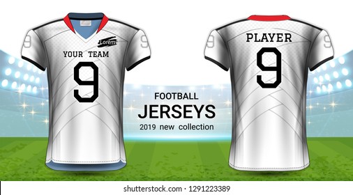 American Football or Soccer Jerseys Uniforms, T-Shirt Sport Mockup Template Front and Back View for Presentation, Fully Customize and Everything is Edible, Resizable and Color Change. (Eps10 Vector) 