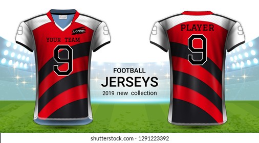 American Football or Soccer Jerseys Uniforms, T-Shirt Sport Mockup Template Front and Back View for Presentation, Fully Customize and Everything is Edible, Resizable and Color Change. (Eps10 Vector) 