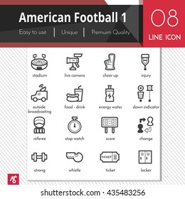 American Football sport elements vector black icons set 1 on white background. Premium quality outline symbol collection. Stroke vector logo concept, web graphics.