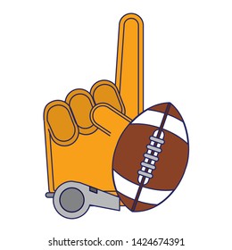 American football sport fan glove and ball with whistle cartoon vector illustration graphic design