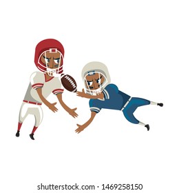 american football sport game competition, players champions men rivals playing hard in offense and defense position with ball cartoon vector illustration graphic design