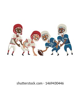 american football sport game competition, players champions men rivals playing hard in offense and defense position with ball cartoon vector illustration graphic design