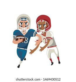 american football sport game competition, players champions men rivals playing hard in offense and defense position with ball cartoon vector illustration graphic design