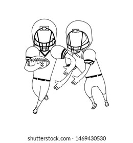 american football sport game competition, players champions men rivals playing hard in offense and defense position with ball cartoon vector illustration graphic design