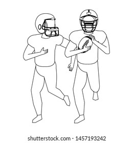 american football sport game players training with ball wearing helmet cartoon vector illustration graphic design