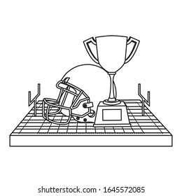 american football sport helmet with trophy cup and camp vector illustration design