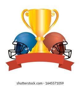 american football sport helmets with trophy cup vector illustration design
