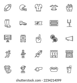 American football sport line icons set. linear style symbols collection, outline signs pack. Rugby game vector graphics. Set includes icons as football ball, protective helmet, shoes, game tactics