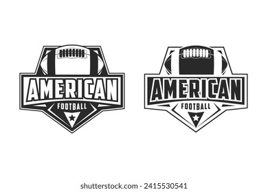 American Football sport logo. Vintage football logo with ball. American Football retro logo. Vintage badge with text and ball silhouette. Vector illustration