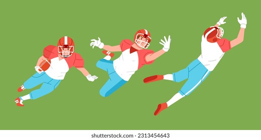 American football sport player in action set carrying  ball and jump