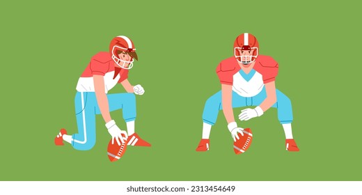 American football sport player in action set ready to starts games stance on field