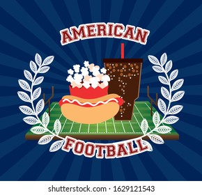 american football sport poster with fast food and camp vector illustration design