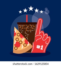 american football sport poster with fast food and first glove vector illustration design