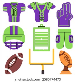 American football sport rugby set jersey shoulder pads vest padded short uniform clothes clipboard strategy coaching planning big giant foam hand supporter ball goal post trophy award achievement icon