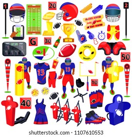 American football sport set. Flat cartoons vector illustration icons on white background. Sport gear, helmet, player, field, fan, food, protection, training equipment, referee, cup