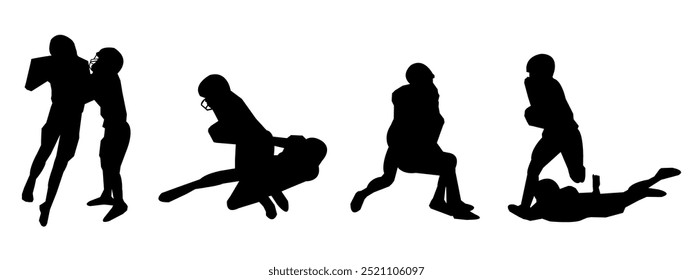 American football sport silhouette. Set, Various different poses, Isolated white background, Vector illustration.