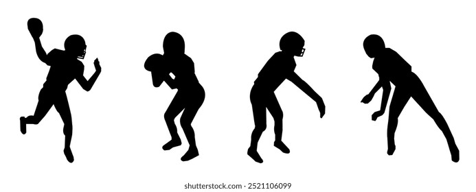 American football sport silhouette. Set, Various different poses, Isolated white background, Vector illustration.